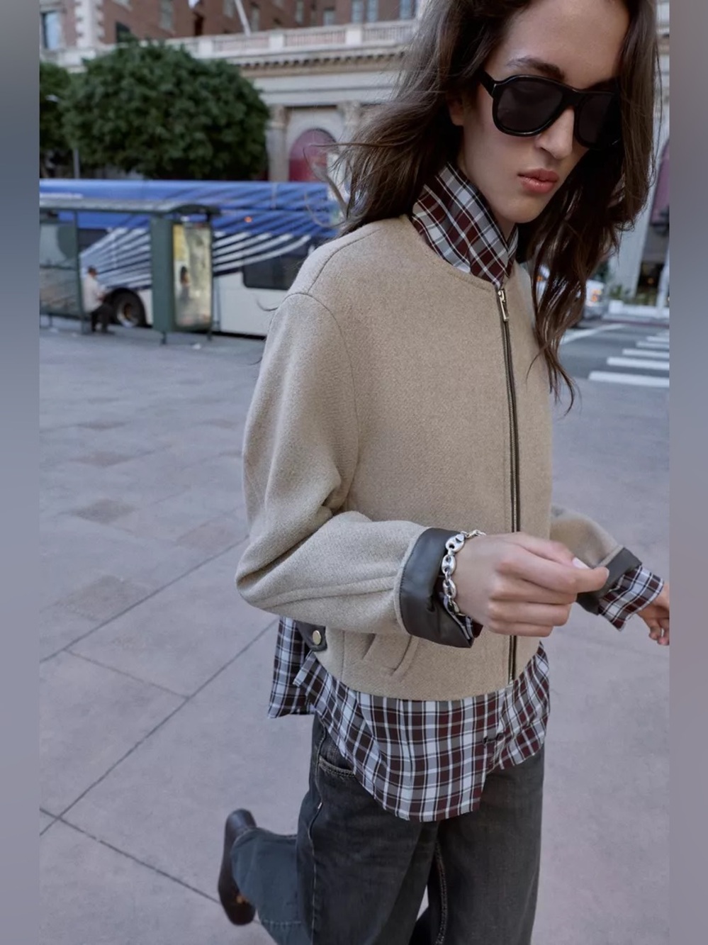Zara Beige Cropped Jacket with Dark faux leather trim bomber. POP - Picture 7 of 12